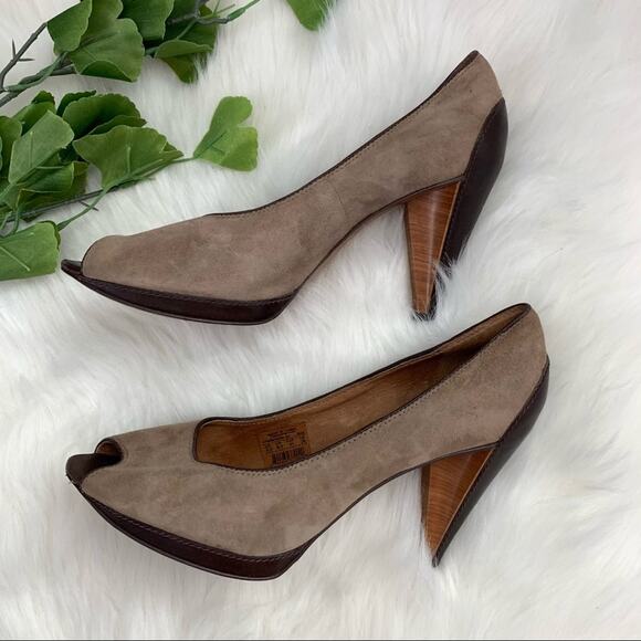 Fossil | Tan Suede Leather Peep Toe Pump Heels Size 9.5 Brown Open Toe Shoes - Picture 2 of 12